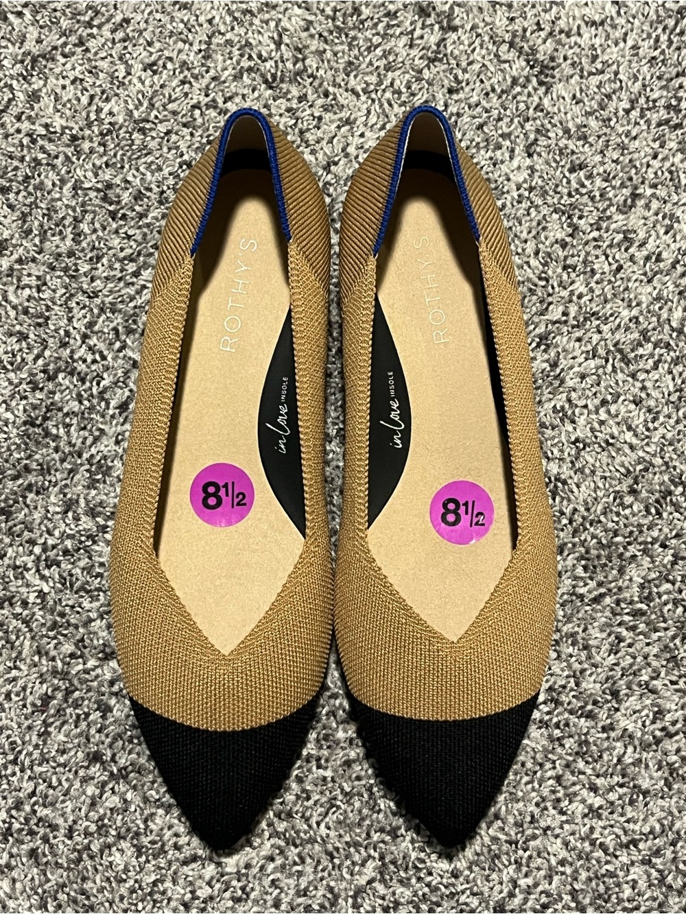 Rothy's Two-Tone Pointed Toe Heel in Camel and Black